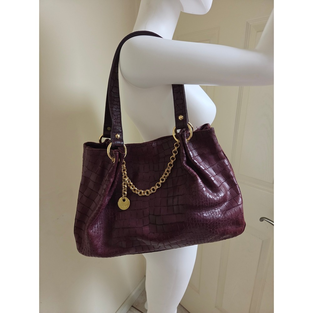 y2k Perlina Burgundy Croc Embossed Leather Shoulder Bag Gold Chain Tote Purse